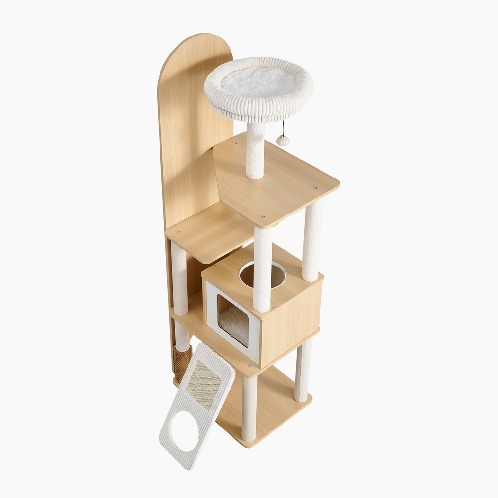 Mirror Atelier cat tree side viewed from above, showing padded top perch, cat condo, and scratching ramp