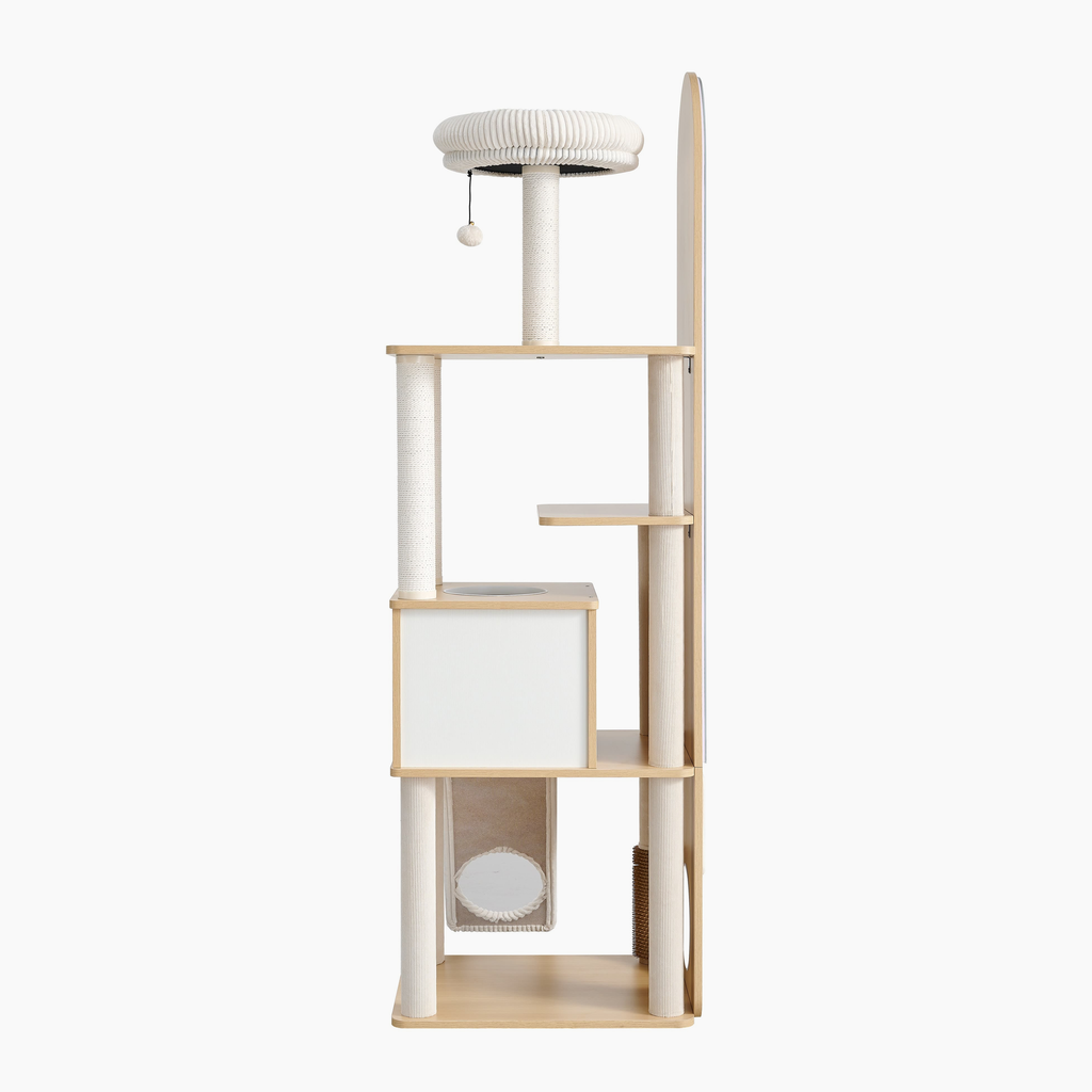 Mirror Atelier opposite side view showing scratching posts, cat condo, and hammock