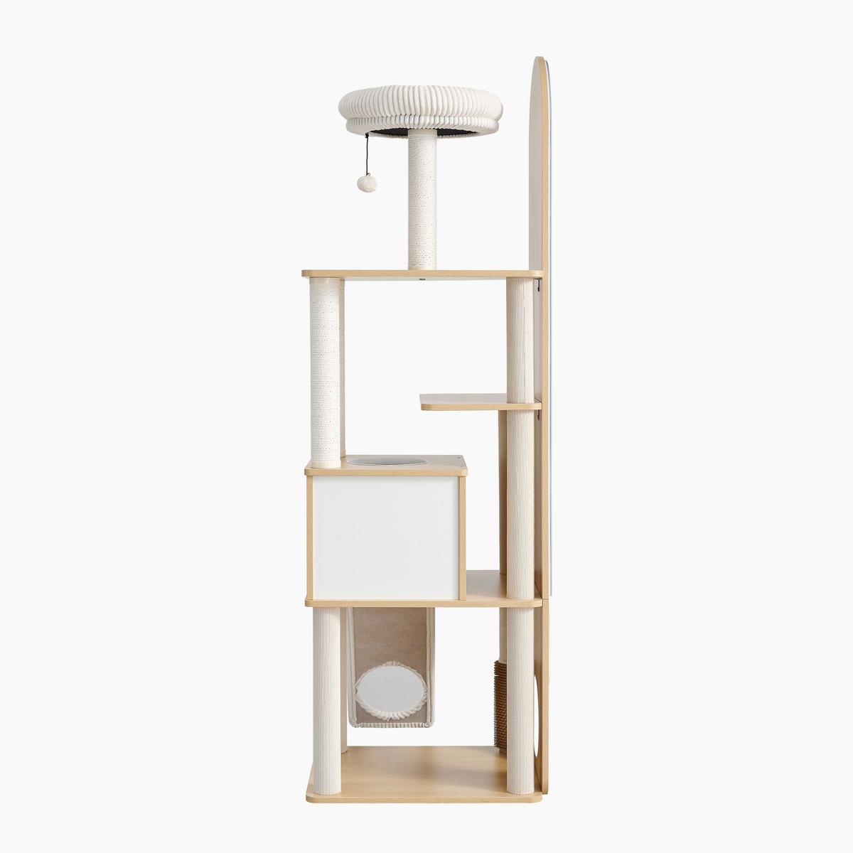 Mirror Atelier opposite side view showing scratching posts, cat condo, and hammock