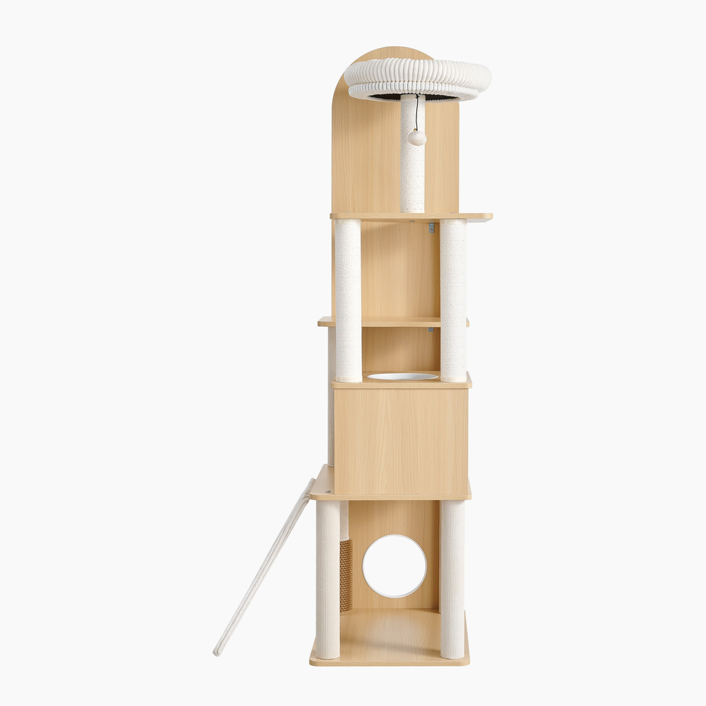 Mirror Atelier back view of the cat tree with platforms, cat condo, and light wood tone panel
