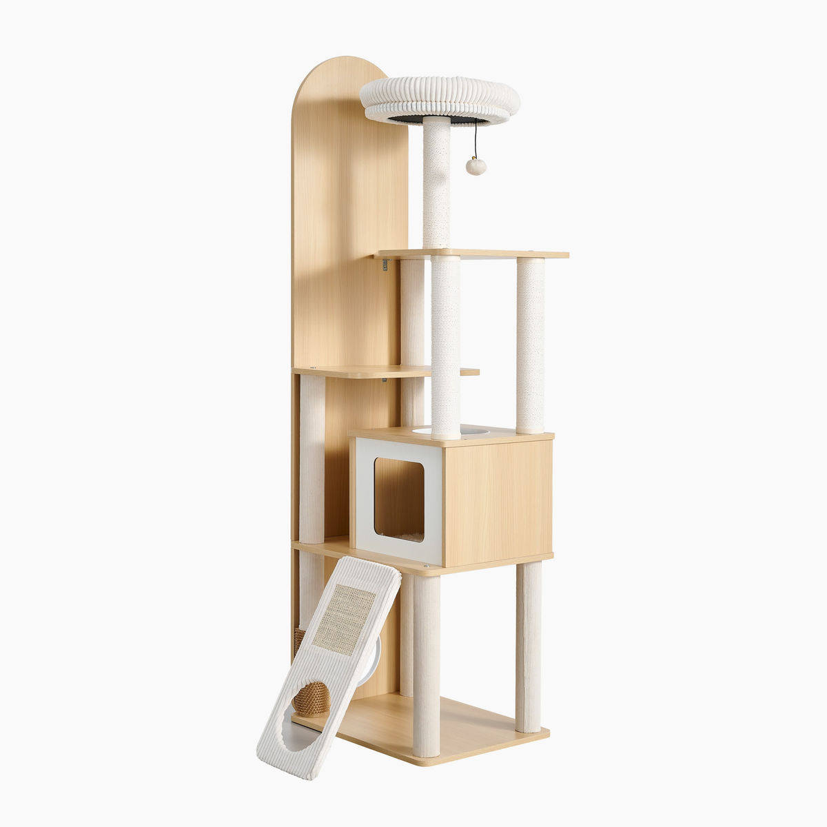 Mirror Atelier three-quarter view of the cat tree with padded top perch, cat condo, and scratching ramp