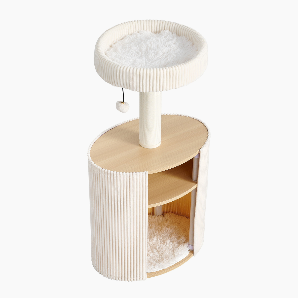 Nest Side in Cream, elevated view with plush top perch, open cubby, and light wood tone top