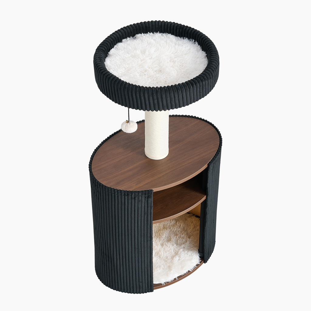 Nest Side in Charcoal, elevated view with plush top perch and open cubby