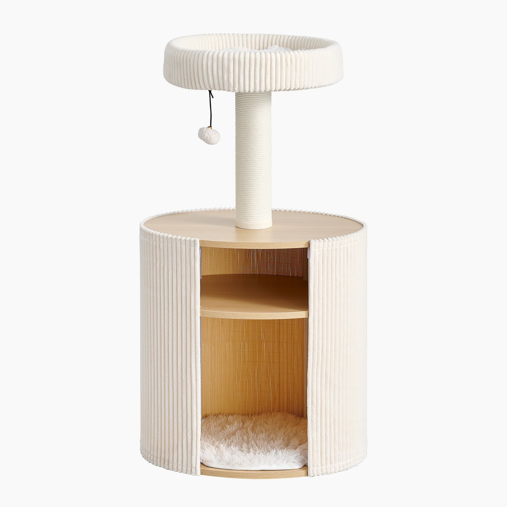 Nest Side in Cream, front view showing the open cubby with shelf and cushion