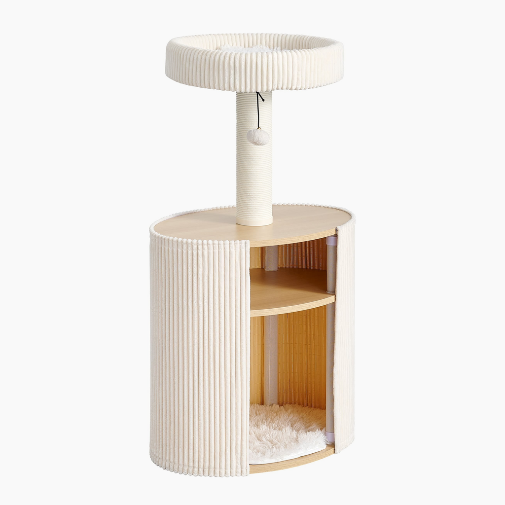 Nest Side in Cream, angled view showing the open cubby and scratching post