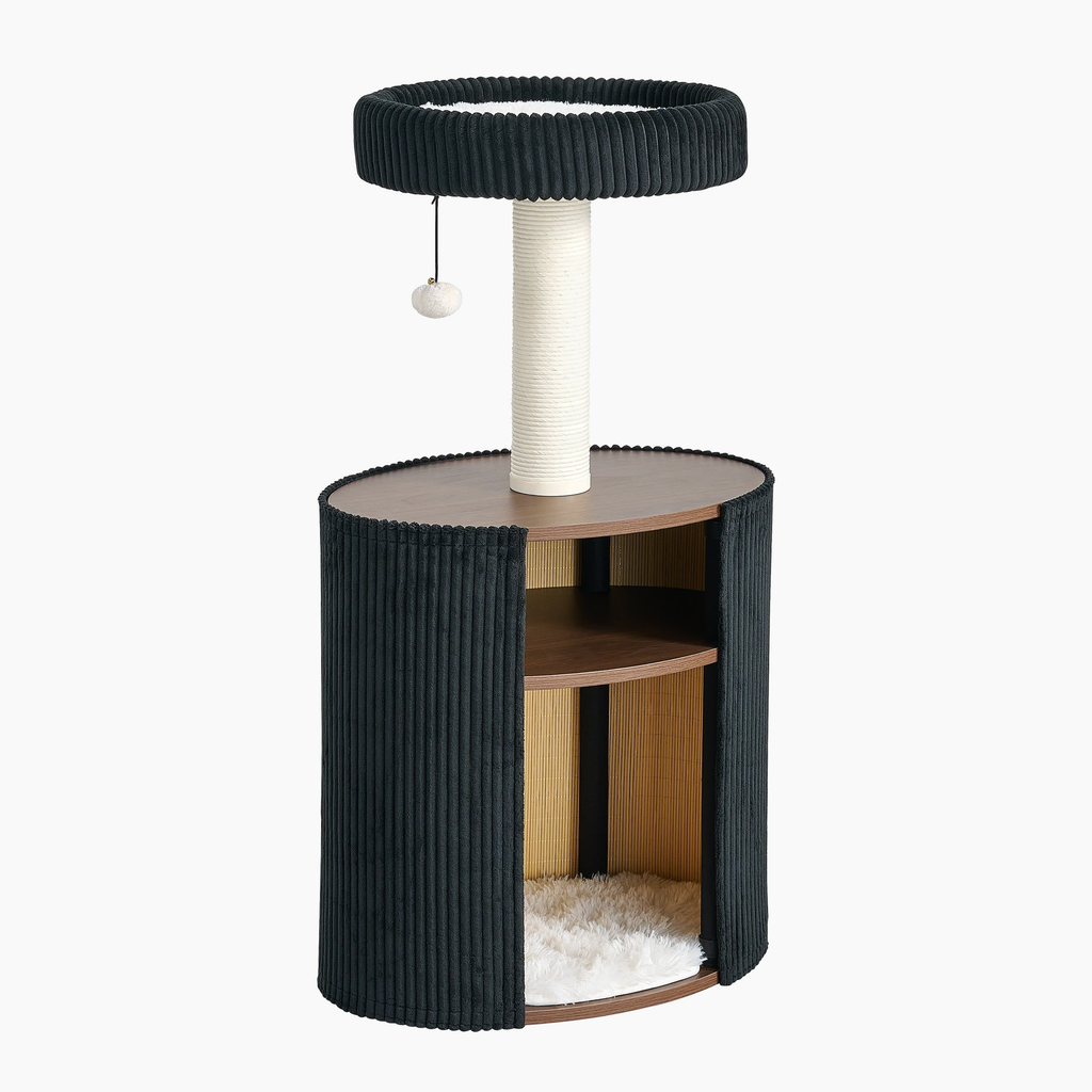 Nest Side in Charcoal, angled view showing the open cubby and scratching post