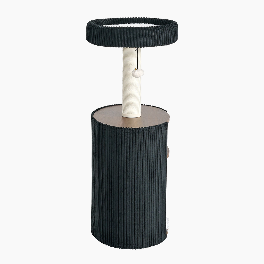 Nest Side in Charcoal, side view with ribbed fabric base and hanging pom-pom toy