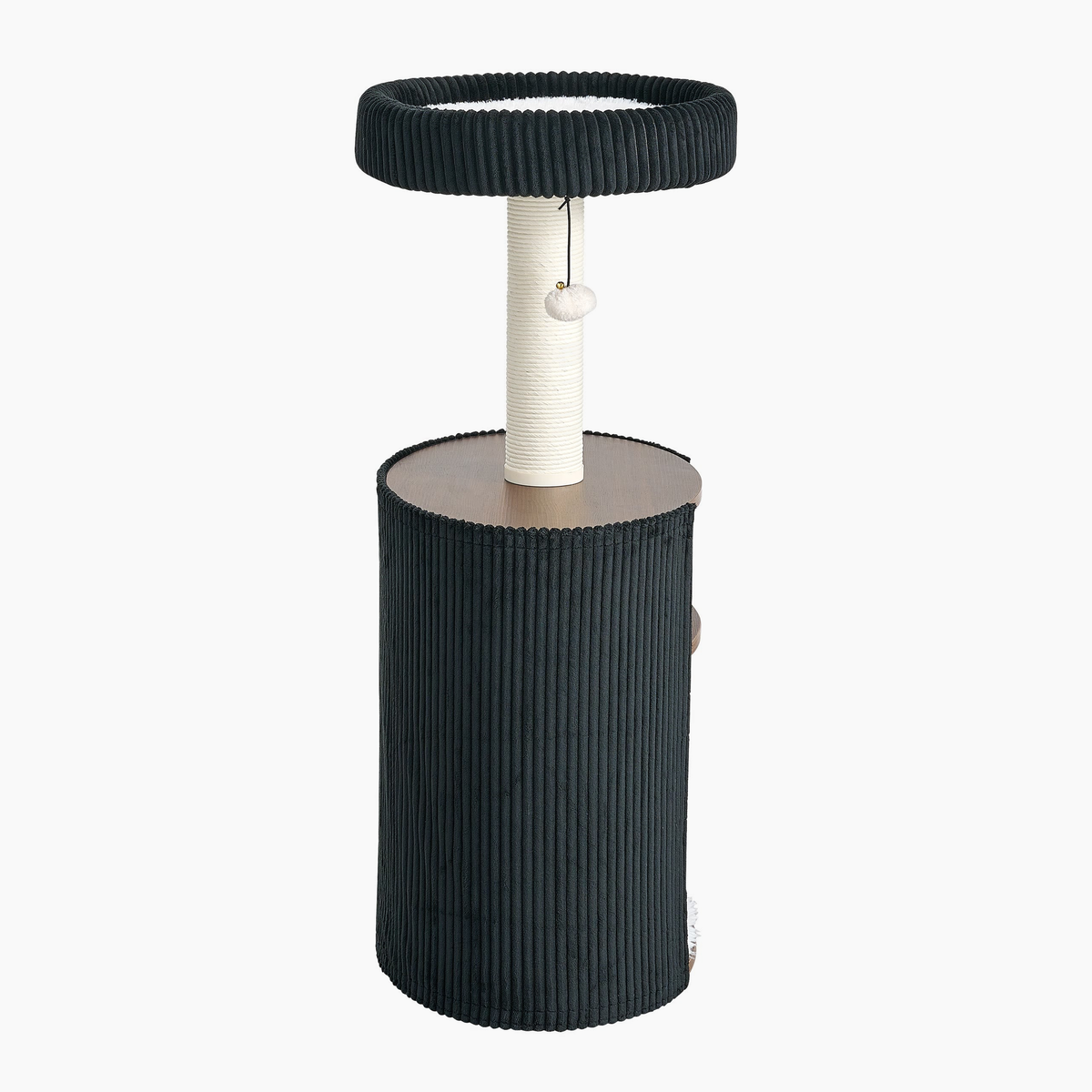 Nest Side in Charcoal, side view with ribbed fabric base and hanging pom-pom toy